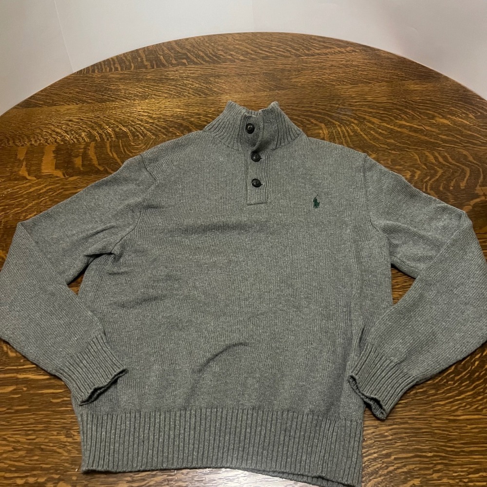 Polo Ralph Lauren Sweater Mens Medium Gray Button Mock Neck Cotton Knit Pony